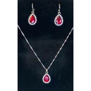Silver Imitation Diamond & Red Ruby Teardrop Necklace Earrings Jewelry Set